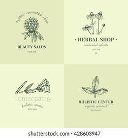 Vector vintage hand drawn herb logos. Alternative medicine, ayurveda, pharmacy, homeopathy, beauty shop, holistic center logos, badges, emblems.