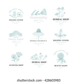 Vector vintage hand drawn herb logos. Alternative medicine, ayurveda, pharmacy, homeopathy, beauty shop, holistic center logos, badges, emblems.