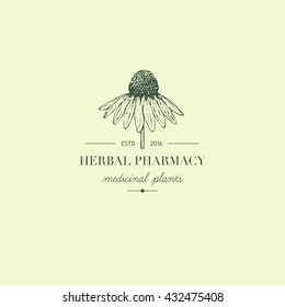 Vector vintage hand drawn herb logo. Alternative medicine, ayurveda, pharmacy, homeopathy, beauty shop, holistic center logo, badge, emblem.