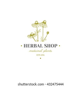 Vector vintage hand drawn herb logo. Alternative medicine, ayurveda, pharmacy, homeopathy, beauty shop, holistic center logo, badge, emblem.