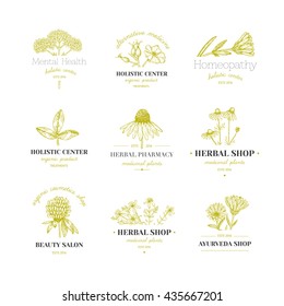 Vector vintage hand drawn herb logos. Alternative medicine, ayurveda, pharmacy, homeopathy, beauty shop, holistic center logos, badges, emblems.