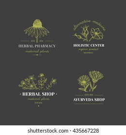 Vector vintage hand drawn herb logos. Alternative medicine, ayurveda, pharmacy, homeopathy, beauty shop, holistic center logos, badges, emblems.