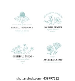 Vector vintage hand drawn herb logos.