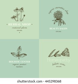 Vector vintage hand drawn herb logos. Alternative medicine, ayurveda, pharmacy, homeopathy, beauty shop, holistic center logos, badges, emblems.
