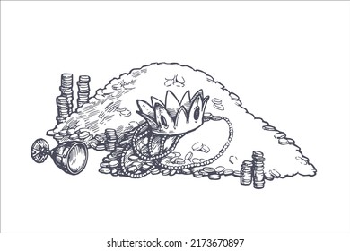 Vector vintage hand drawn illustration of ancient treasure. Sketch of a mountain of gold with crown and royal jewels.