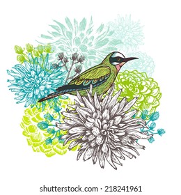 Vector vintage hand drawn illustration of a little bird and blooming dahlia flowers.  All objects are conveniently grouped  and are easily editable.