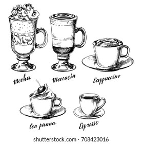 Vector vintage hand drawn illustration of different types of coffee drinks. Mocha, moccasin, cappuccino, con panna and espresso design elements for menu, banner, poster.