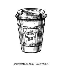 Vector vintage hand drawn illustration of coffee to go in paper cups.