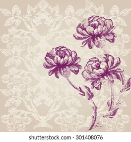 Vector vintage hand drawn luxury border bouquet with flowers peony in the grunge background for invitations, greeting cards, web page, pattern fills, or textile Violet peonies on beige background