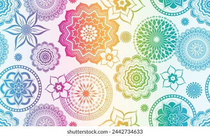 Vector vintage dibujado a mano arco iris sin patrón con mandalas de encaje y flores sobre un fondo blanco