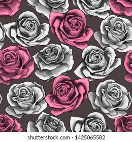 Vector vintage hand drawn rose flower blossom blooming seamless pattern. Floral element for wedding, marriage, anniversary or another date invitation card
