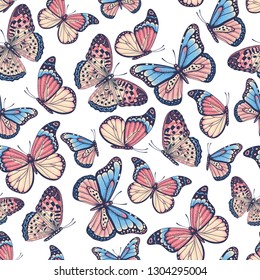 Vector de vintage, traza a mano sin fisuras con bellas mariposas coloridas sobre un fondo blanco