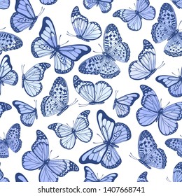 Vector vintage hand drawn seamless pattern with beautiful watercolor butterflies on white background 