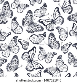 Vector vintage hand drawn seamless pattern with beautiful dark blue outline butterflies on a white background