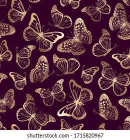 Vector vintage hand drawn seamless pattern with beautiful gold metallic butterflies silhouettes on purple background 
