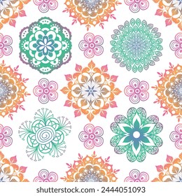 Vector vintage hand drawn seamless geometric pattern with lacy colorful gradient mandalas on white