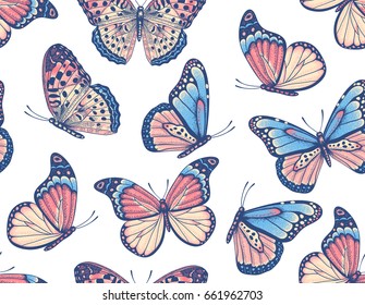 Vector vintage hand drawn seamless pattern with beautiful colorful butterflies on a white background