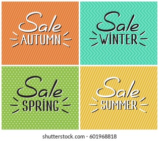 Vector vintage hand drawn Season sale inscriptions: Autumn, Winter, Spring, Summer Sale. Line retro calligraphy on the colorful background with texture. 