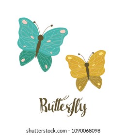Vector vintage hand drawn set of beautiful colorful butterflies on a white background