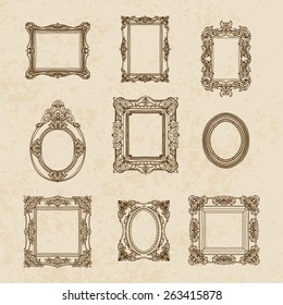 Vector vintage hand drawn set with picture frames. Retro illustration.