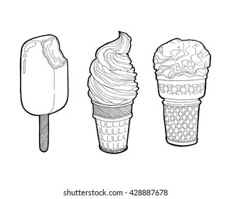 Vector vintage hand drawn set of ice cream. Chocolate ice Cream bitten and Ice Cream in a waffles isolated on white background. Hand drawing doodle vector