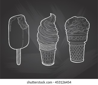Vector vintage hand drawn set of ice cream. Chocolate ice Cream bitten and Ice Cream in a waffles isolated on chalkboard background. Hand drawing doodle vector