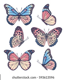Vector vintage hand drawn set of beautiful colorful butterflies on a white background 