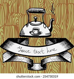 Vector vintage hand drawn signboard on wood texture background. Ribbon for your text. Retro typography, restaurant logos. Cafe text, menu.
