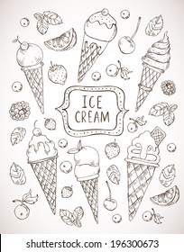 Vector vintage hand drawn sketch ice cream cone with berries and fruit