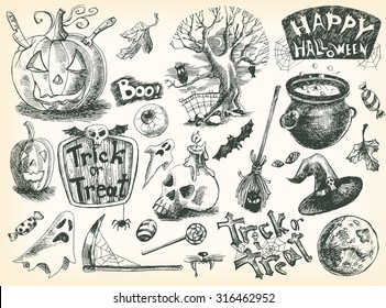 Vector vintage hand drawn sketch halloween set: pumpkin, eye, tree, candy, ghost, skull, scythe, bat, broom, hat, moon, Jack O Lantern