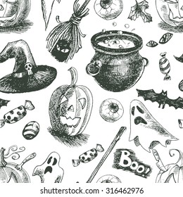 Vector vintage hand drawn sketch halloween seamless pattern with cauldron, ghost, broom, Jack O Lantern