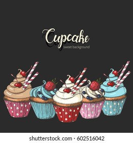 Vector vintage hand drawn various cupcakes on black background. Sketch. Lettering. Dessert menu. Food design.