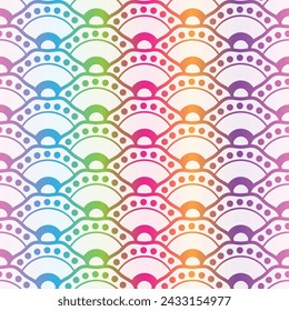 Vector vintage hand drawn white seamless pattern with rainbow gradient circles