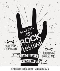 Vector vintage hand label with sunburst, diamond and typography elements. Grunge rock and roll poster. Rock festival design template with place for text.