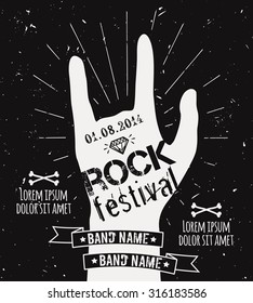 Vector vintage hand label with sunburst, diamond and typography elements. Grunge rock and roll poster. Rock festival design template with place for text.