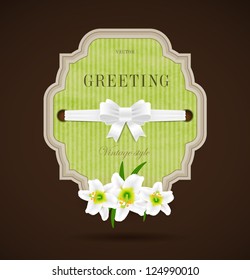Vector vintage hand made paper textured greeting card with a small bouquet of white lilies and silky ribbon bow knot