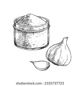 Vector vintage hand-drawn illustration of fresh and dried garlic in engraving style. Sketch of garlic bulb and powder isolated on white.