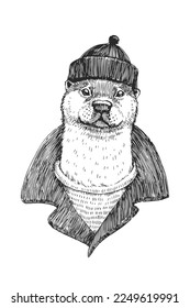 Ilustración vectorial a mano de la nutria marinera en estilo de grabado. Esbozo con carácter animal divertido en la ropa. Retrato de un lindo personaje.