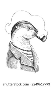 Vector vintage hand-drawn illustration of sailor otter with smoking pipe in engraving style. Sketch of funny animal character in clothes.

