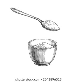 Vetor vintage ilustração desenhada à mão de açúcar em uma tigela e em uma colher. Esboço preto e branco de ingredientes para o projeto da receita.