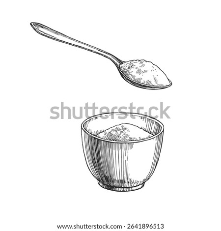 Vector vintage hand-drawn illustration of sugar in a bowl and in a spoon. Black and white sketch of ingredients for recipe design.