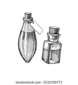 Vector vintage hand-drawn illustration of witch's potion in engraving style. Black and white sketch of magic props.