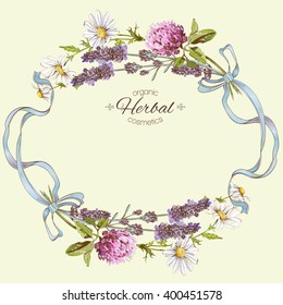 Vector vintage hand-drawn round frame with wild flowers,herbs and ribbons.Design for herbal tea,cosmetics,beauty salon, natural and organic products.Can be used as greeting card or boho style element.