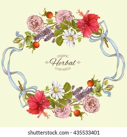 Vektor Vintage handgezeichnet runder Rahmen mit wilden Blumen, Kräutern und Bändern.Design für Kräutertee, Kosmetik, Schönheitssalon, natürliche und organische Produkte.Kann als Grußkarte oder Boho Stil Element verwendet werden.
