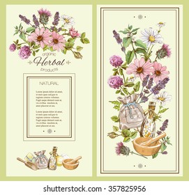 Vector vintage hand-drawn template banner with wild flowers and herbs. Design for cosmetics, store, beauty salon, natural and organic products. Can be used like a greeting card. With place for text