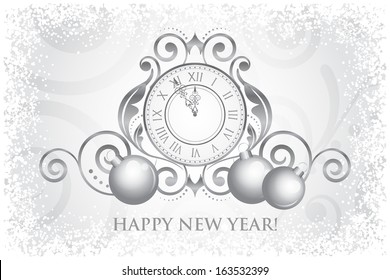 Vector vintage Happy New Year background with silver clock and decorations