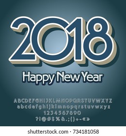 Vector vintage Happy New Year 2018 greeting card with Alphabet set of Letters, Symbols and Numbers. Noble Font contains Graphic Style