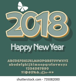 Vector vintage Feliz Año Nuevo 2018 tarjeta de felicitación con conjunto de letras, símbolos y números alfabetos. El tipo de letra retro contiene el estilo gráfico