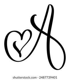 Vector Antiguas corazón letra monograma logo A. Amor elemento de caligrafía Valentine flourish. Signo dibujado a mano para la ilustración de diseño de decoración de página, tarjeta de boda, invitación