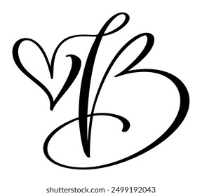 Vector Vintage heart letter monogram logo B. Love Calligraphy element Valentine flourish. Hand drawn sign for page decoration design illustration, wedding card, invitation